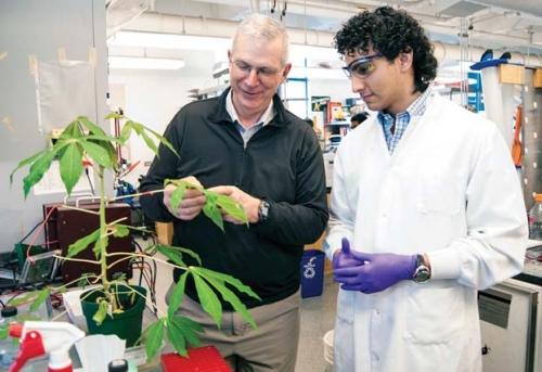 A student in a lab coat is listening intently as an older faculty member shares observations about a leafed plant.