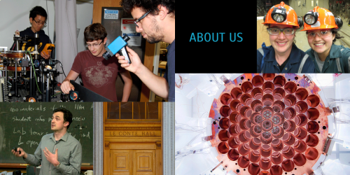 In the top left, three students are making observations using a microscope. In the top right, two students are donning excavation helmets. In the bottom left, a lecturer is presenting in Le Conte Hall. In the bottom right, a large piece of circular machinery is being examined.