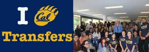 A large group of students pose together with Chancellor Carol T. Christ inside an office. To the left includes a message "I Cal Transfers".