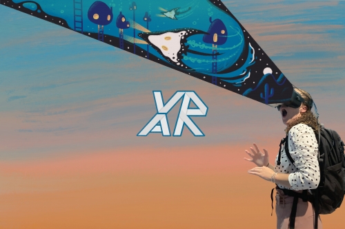 Female student wearing backpack stands in a surprised posture with mouth agape looking through virtual reality goggles which is projecting a beam of an artistic illustration of a desert and seascape.