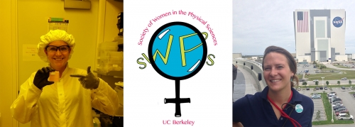 The image divided into three panels. In the far left panel, a female student is wearing lab equipment. She is holding a device with her right hand while pointing to it with her left. The panel in the middle contains the logo of the Society of Women in the Physical Sciences. On the panel to the far right, the same female student appears standing in front of one of the NASA headquarters.