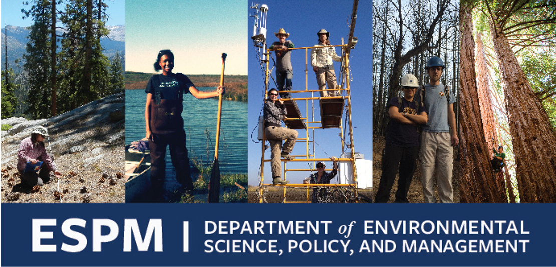 The Department of Environmental Science, Policy, and Management banner including a row of five images. In the first photo, a woman is seen gathering materials from the ground. In the second photo, a woman is shown cleaning a lake. In the third, a group of four individuals standing on scaffolding pose for a photo near an electrical line. And finally, In the fourth and fifth photos, two individuals are photographed in a forest setting.