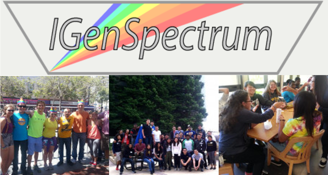 The top depicts the IGen Spectrum logo. To the bottom left, a group of people pose donning Pride gear. In the bottom middle, a group of students pose in a grassy area. To the bottom right, another group of students are collaborating while sitting at a table.